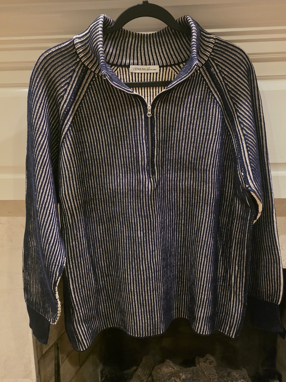 Zenana Outfitters Navy & Cream Striped Ribbed Half-Zip Sweater